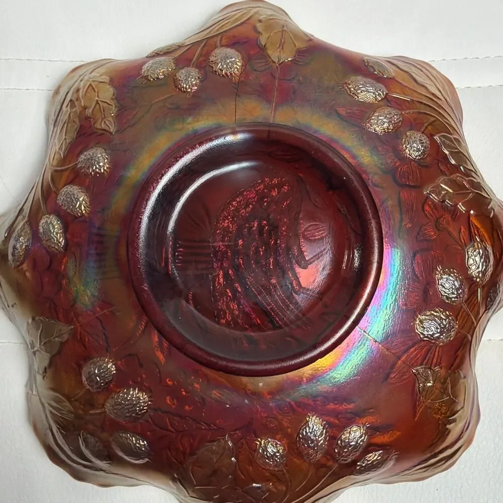 Antique Fenton Peacock & Urn Marigold Carnival Glass 9